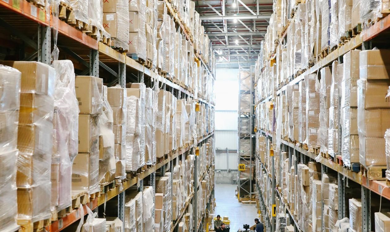 Warehouse interior with stored goods